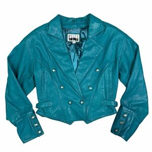 Vintage 80s Pelle Cuir Teal blue cropped 100% leather jacket. Size small